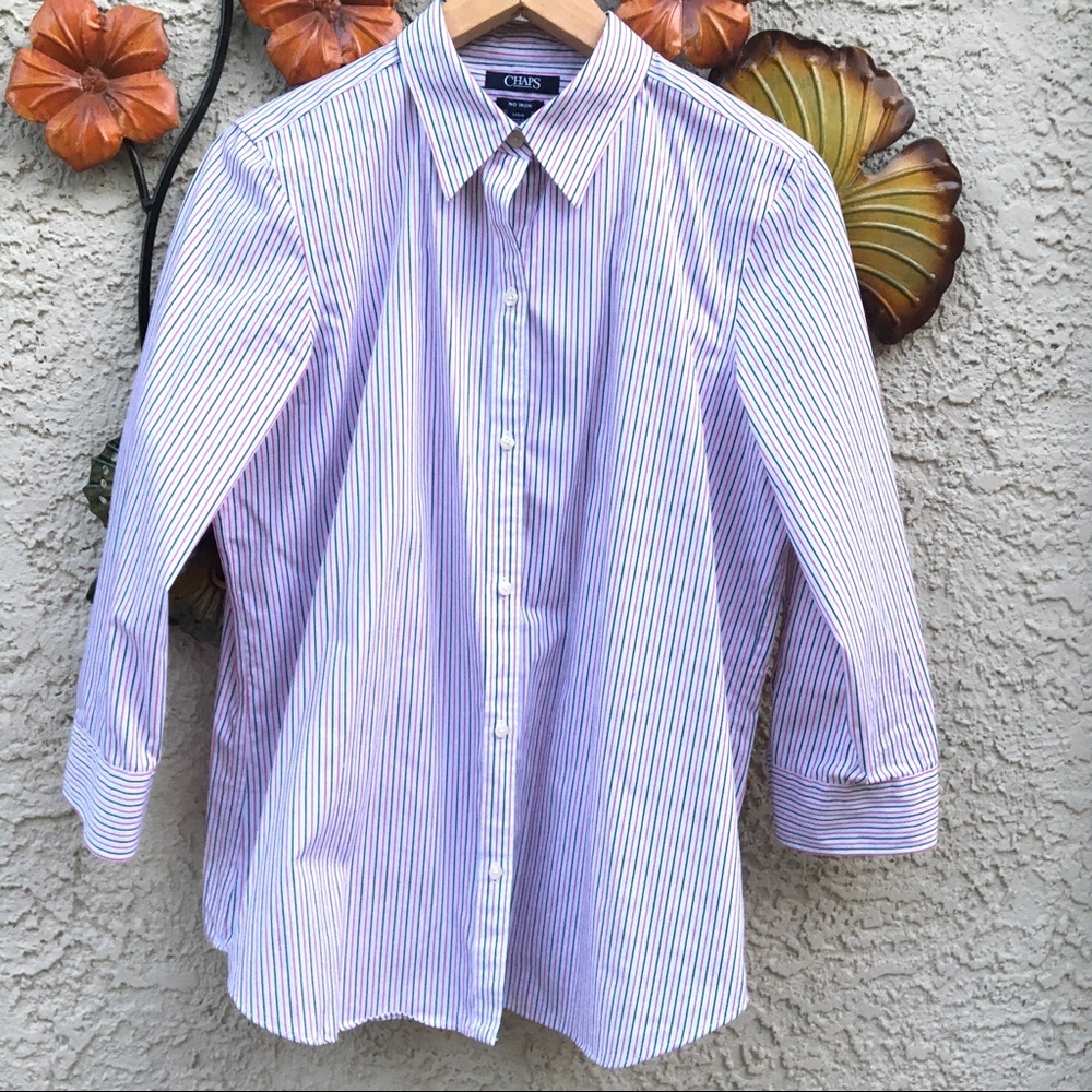 Chaps White Pink Stripe 3/4 Sleeve button-down top - Picture 1 of 3